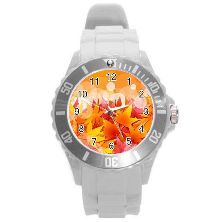 Autumn Background Maple Leaves Bokeh Round Plastic Sport Watch (L)