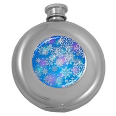 Snowflake Background Blue Purple Round Hip Flask (5 Oz) by Wegoenart