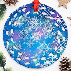 Snowflake Background Blue Purple Round Filigree Ornament (two Sides) by Wegoenart