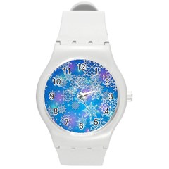 Snowflake Background Blue Purple Round Plastic Sport Watch (m) by Wegoenart