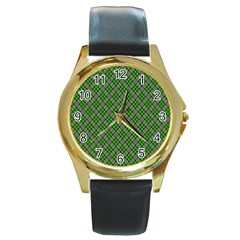 Lumberjack Plaid Buffalo Plaid Green White Round Gold Metal Watch by Wegoenart