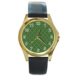 Lumberjack Plaid Buffalo Plaid Green White Round Gold Metal Watch Front