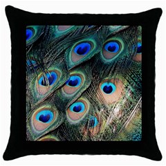 Peacock Feathers Bird Colorful Throw Pillow Case (black) by Wegoenart