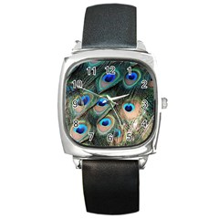 Peacock Feathers Bird Colorful Square Metal Watch by Wegoenart