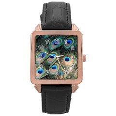 Peacock Feathers Bird Colorful Rose Gold Leather Watch  by Wegoenart