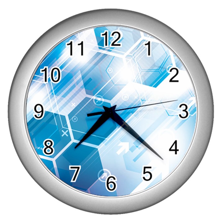 Hexagon Euclidean Vector Gradient Del  Blue Color Science And Technology Wall Clock (Silver)