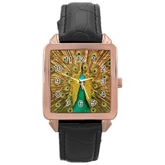 Peacock Feather Bird Peafowl Rose Gold Leather Watch  by Wegoenart