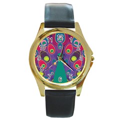 Peacock Bird Animal Feathers Round Gold Metal Watch by Wegoenart