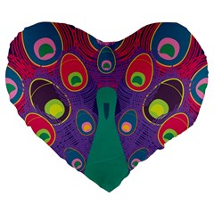 Peacock Bird Animal Feathers Large 19  Premium Flano Heart Shape Cushions by Wegoenart