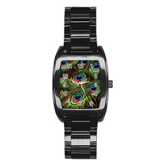 Peacock Feathers Feather Color Stainless Steel Barrel Watch by Wegoenart