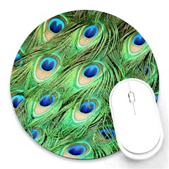 Peacock Feathers Peafowl Round Mousepads by Wegoenart