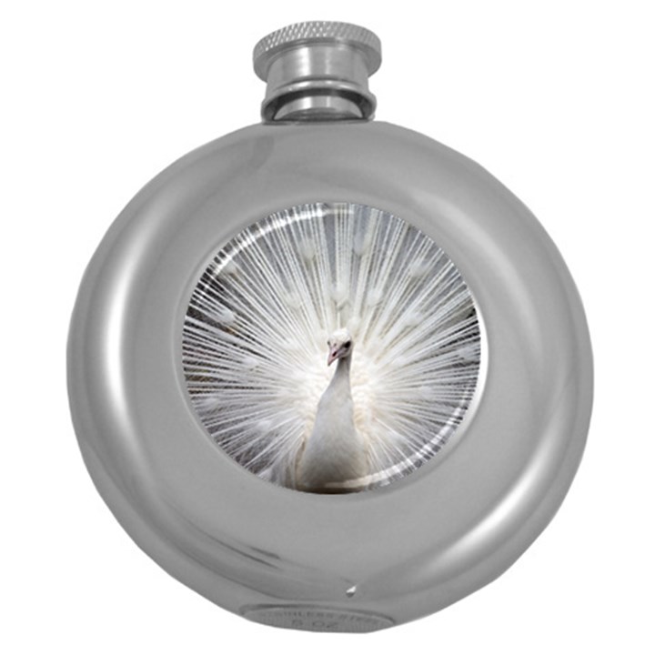 Peacock White Bird Nature Round Hip Flask (5 oz)