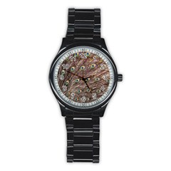 Peacock Feathers Wheel Plumage Stainless Steel Round Watch by Wegoenart