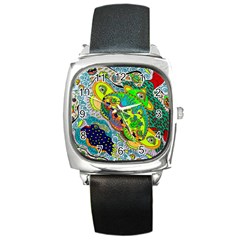 Cosmic Lizards With Alien Spaceship Square Metal Watch by chellerayartisans