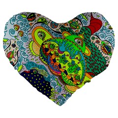 Cosmic Lizards With Alien Spaceship Large 19  Premium Flano Heart Shape Cushions