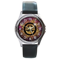 Christmas Golden Labels Xmas Round Metal Watch by Simbadda