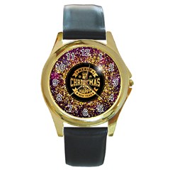 Christmas Golden Labels Xmas Round Gold Metal Watch by Simbadda