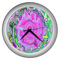 Groovy Pink, Blue And Green Abstract Liquid Art Wall Clock (silver) by myrubiogarden