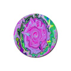 Groovy Pink, Blue And Green Abstract Liquid Art Rubber Coaster (round)  by myrubiogarden