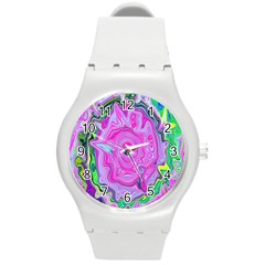 Groovy Pink, Blue And Green Abstract Liquid Art Round Plastic Sport Watch (m) by myrubiogarden