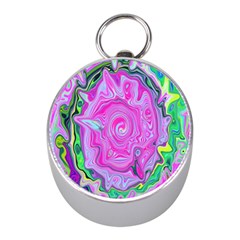 Groovy Pink, Blue And Green Abstract Liquid Art Mini Silver Compasses by myrubiogarden