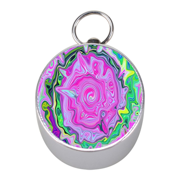 Groovy Pink, Blue And Green Abstract Liquid Art Mini Silver Compasses