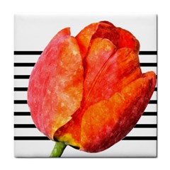 Red Tulip And Black Stripes Tile Coasters by picsaspassion