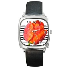 Red Tulip And Black Stripes Square Metal Watch by picsaspassion