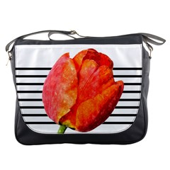 Red Tulip And Black Stripes Messenger Bag by picsaspassion