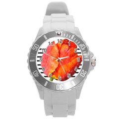 Red Tulip And Black Stripes Round Plastic Sport Watch (l) by picsaspassion