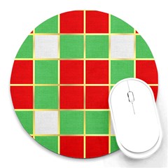 Christmas Fabric Textile Red Green Round Mousepads by Wegoenart