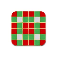 Christmas Fabric Textile Red Green Rubber Square Coaster (4 Pack)  by Wegoenart