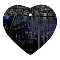 Christmas Boats In Harbor Heart Ornament (two Sides) by Wegoenart