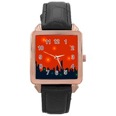 City Light Night Lights Evening Rose Gold Leather Watch  by Wegoenart