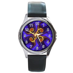 Fractal Neon Blue Bright Fantasy Round Metal Watch by Wegoenart