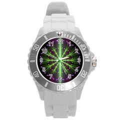 Fractal Purple Lime Pattern Round Plastic Sport Watch (l) by Wegoenart