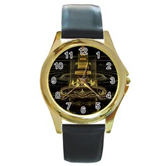 Fractal City Geometry Lights Night Round Gold Metal Watch by Wegoenart