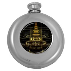 Fractal City Geometry Lights Night Round Hip Flask (5 Oz) by Wegoenart