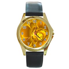 Fractal Yellow Flower Floral Round Gold Metal Watch