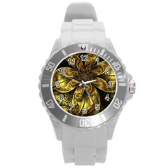 Fractal Floral Gold Golden Round Plastic Sport Watch (L)