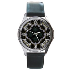 Fractal Aqua Silver Pattern Round Metal Watch by Wegoenart