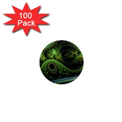 Fractal Green Gears Fantasy 1  Mini Magnets (100 Pack) 