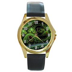 Fractal Green Gears Fantasy Round Gold Metal Watch