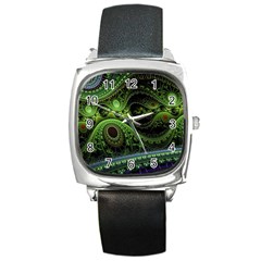 Fractal Green Gears Fantasy Square Metal Watch by Wegoenart