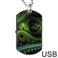 Fractal Green Gears Fantasy Dog Tag Usb Flash (one Side) by Wegoenart