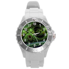 Fractal Green Gears Fantasy Round Plastic Sport Watch (l) by Wegoenart