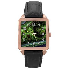 Fractal Green Gears Fantasy Rose Gold Leather Watch  by Wegoenart