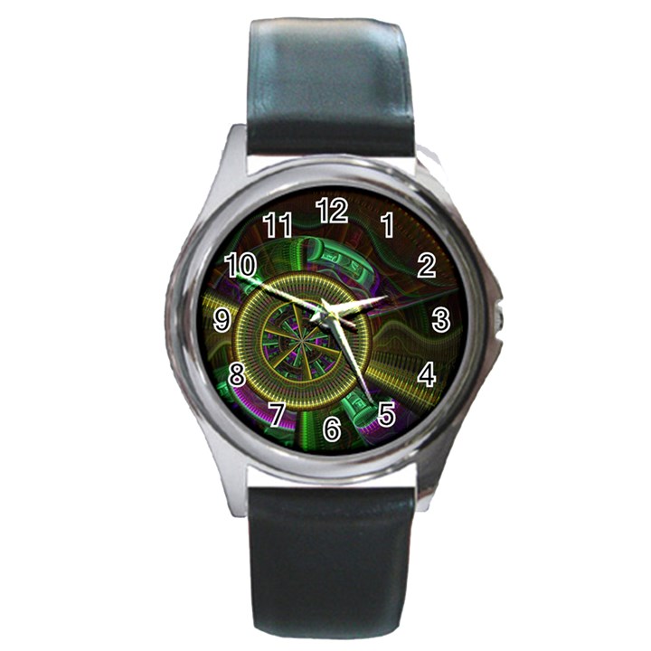 Fractal Threads Colorful Pattern Round Metal Watch