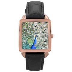 Peacock Bird Colorful Plumage Rose Gold Leather Watch  by Wegoenart