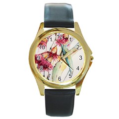 Plant Nature Flowers Foliage Round Gold Metal Watch by Wegoenart